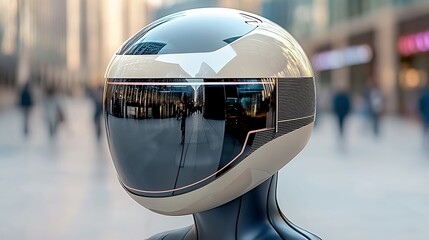 Fototapeta premium Futuristic Off White Helmet with Dark Visor City Background
