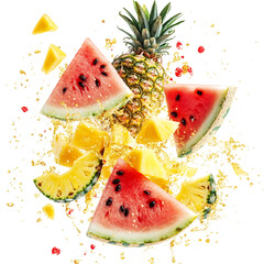 Tropical Pineapple and Watermelon Slices Falling Into Pineapple Isolated on Transparent Background