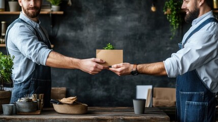 Two people exchanging a light brown envelope