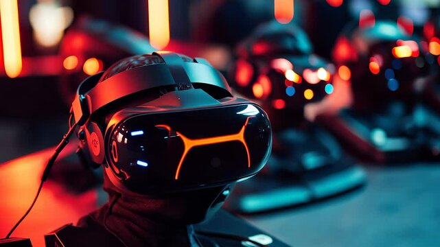 Virtual reality headset on table. Room with glasses and shadow of a viar. Blurred color lights on a dark background. A vr headset resting on a lifestyle table.