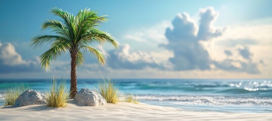 Minimalist 3d palm tree by calming blue ocean on sandy beach