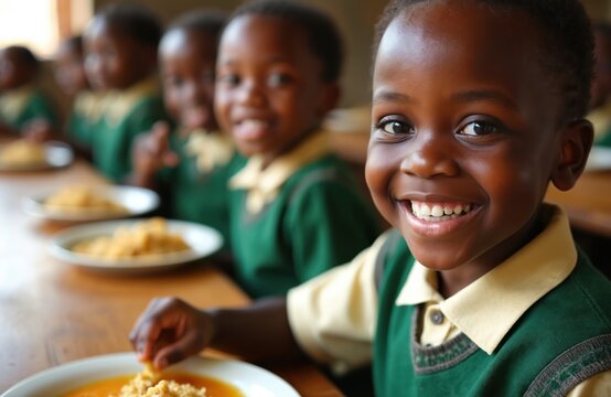 African children enjoy lunch break together in school. Smiling pupils eat food, wear uniform. Diverse group shows friendship, youthful spirit. Education, study, learning, sharing meal. Happy