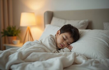 Cute Indian little boy sleeps peacefully in bed. Child resting, dreaming, enjoying soft bedding. Calm, serene atmosphere. Cozy bedtime portrait of kid in home bedroom.