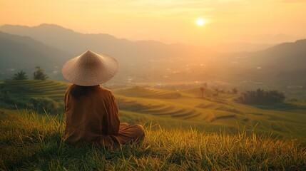 Fototapeta premium Woman sits meditating on hillside at sunset
