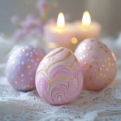 Obraz premium Decorative pink and gold Easter eggs with candles on lace.