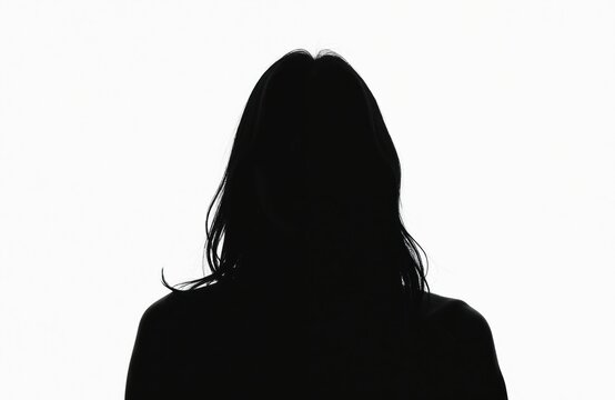 Silhouette of woman against white backdrop. Mysterious person depicted in black. Figure with dark hair. Anonymous profile. Portrait. Incognito. Digital art, suitable for various concepts like