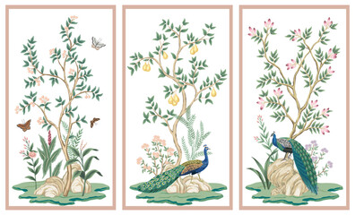 Vintage botanical garden fruit tree, peacock birds, stone, butterfly, plant floral panels. Exotic chinoiserie mural. © good_mood