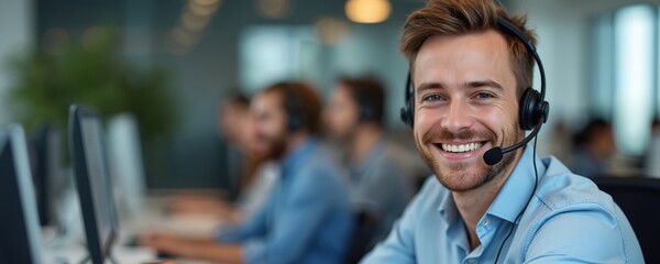 Smiling customer service representative wearing headset works in call center. Cheerful support agent assists customers online. Positive work environment with tech help. Call center employee provides