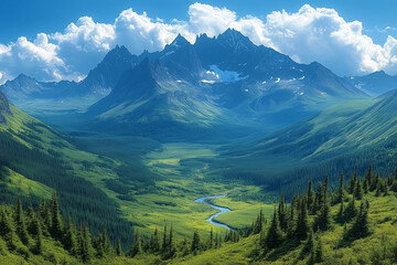 Majestic Mountain Valley with Peaks and Winding Streams: Awe-Inspiring Landscape