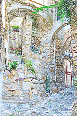 Disegno, dettaglio casa di pietra