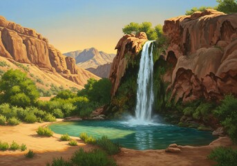 Serene desert waterfall vibrant teal pool warm sunlight. AI Generated
