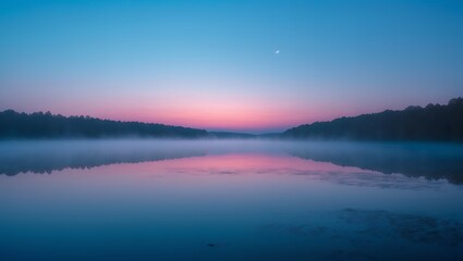 Serene lake reflecting pink sunrise, surrounded by silhouetted trees