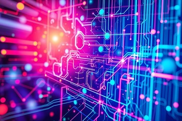 Fototapeta premium Abstract digital circuit board with vibrant colors and glowing lights, representing technology and innovation