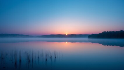 Lake at sunrise with fog, trees, and reflections