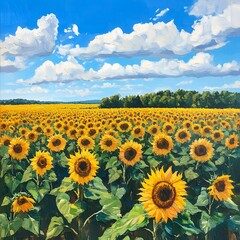 Obraz premium Vibrant Sunflower Field under a Sunny Summer Sky Beautiful Landscape Painting