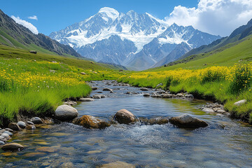Majestic Mountain Valley with Peaks and Winding Streams: Awe-Inspiring Landscape