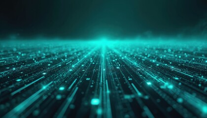 Futuristic AI technology themed digital grid extends into horizon. Darker tones, high resolution. Abstract AI data flow, cyberspace background. Ideal tech, science, business presentation.
