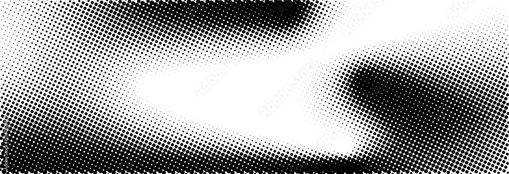 Poster Grunge halftone gradient pattern with black and white circles wavy texture consists of different dots on transparent background. Retro pixelated backdrop for comic book. Vector.