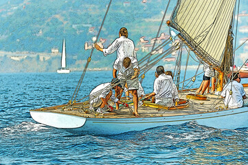 Yacht d'epoca con equipaggio in regata.
