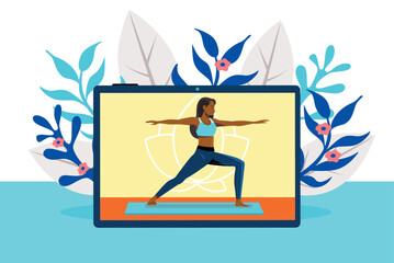 African-American woman practicing online yoga class on tablet screen with floral background. Flat vector illustration