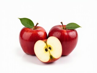 Fresh red apples on white background, one apple sliced in half to reveal inside.
