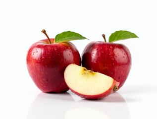 Fresh red apples on white background, one apple sliced in half to reveal inside.
