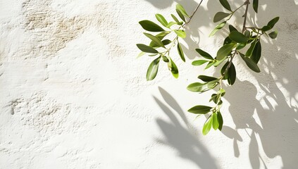 Fresh Green Leaves on Branch with Sunlight Shadow against White Textured Wall