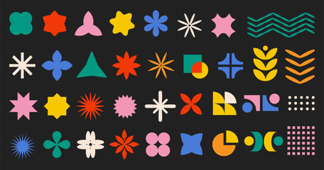 Colorful abstract flower and geometric shape icons in retro modern and neo brutalist style set on a dark background,for bold design, branding, web elements, and decorative graphics.Vector illustration