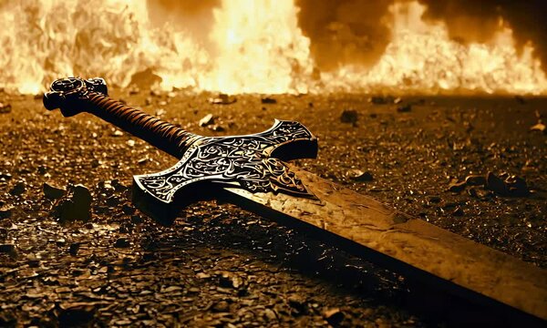 Sword lying in fiery destruction