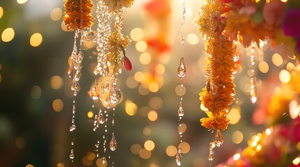 Golden flower garlands glistening with water droplets, a vibrant celebration of life's precious moments under warm sunlight.