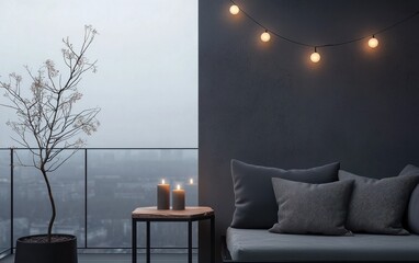 Cozy balcony scene with gray cushions, candles, and string lights on a rainy day. City view in background