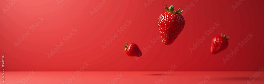 Poster Strawberries Float Above A Red Background In A Minimalist Scene With Photographic Realism And A Diagonal Composition Element Design.