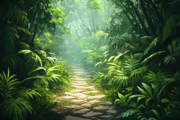 Fototapeta premium Path through jungle: Lush green foliage surrounds a narrow trail, sunlight filtering through dense canopy, inviting exploration and adventure.