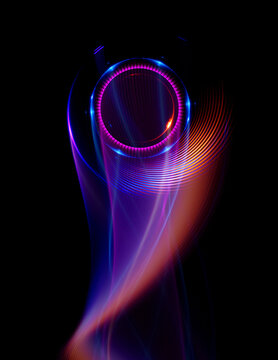 Swirl Stage. Neon glowing circles. Light Trails. Glint bright spiral. Motion ellipse..Slow shutter light trajectory. Long shiny tape. Accelerate twisted ribbon. Glowing dynamic lines.