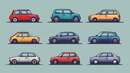 Collection of nine vintage cars in various colors and styles, shown in profile view.