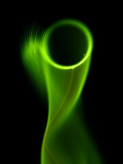 Swirl Stage. Neon glowing circles. Light Trails. Glint bright spiral. Motion ellipse..Slow shutter light trajectory. Long shiny tape. Accelerate twisted ribbon. Glowing dynamic lines.