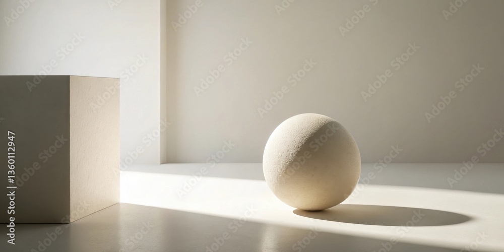 Aufkleber Serene Minimalist Scene with a Textured Sphere and Cubic Form in Soft Light