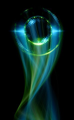 Swirl Stage. Neon glowing circles. Light Trails. Glint bright spiral. Motion ellipse..Slow shutter light trajectory. Long shiny tape. Accelerate twisted ribbon. Glowing dynamic lines.