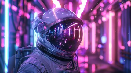 A man in a white spacesuit is standing in front of a neon sign futuristic and sci-fi vibe to it