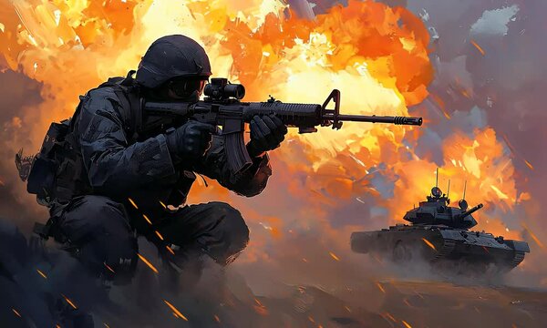 Soldier aiming rifle amidst explosion and tanks