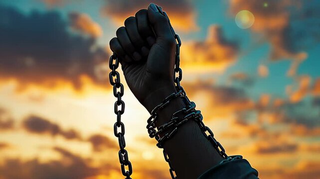 A raised fist breaking free from chains against a dramatic sunset sky. A powerful concept of freedom, resistance, empowerment, and breaking oppression, ideal for themes of liberation, social justice, 