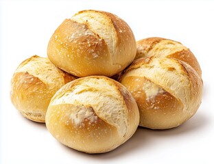 Fototapeta premium Pile of fresh baked bread rolls stacked on white background in studio shot
