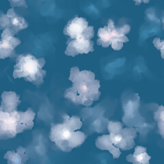 Digital seamless pattern with white abstract flower motif on blue background