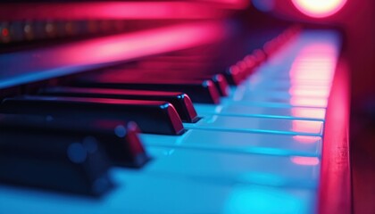 Closeup piano keys in neon lights. Instrument keyboard with black and white keys on dark background, illuminated by neon lights. Concert, music, entertainment and show.