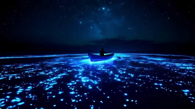  Lone Paddleboat Glides Across a Stunning Bioluminescent Ocean as Neon Blue Waves Glow Beneath a Starry Sky Creating a Magical and Dreamlike Scene of Light and Darkness