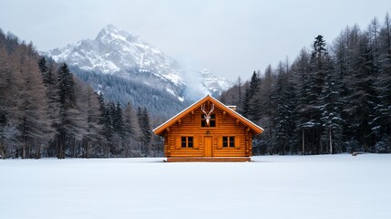 Wooden Cabin in Snowy Mountain Landscape Winter Wonderland Scene