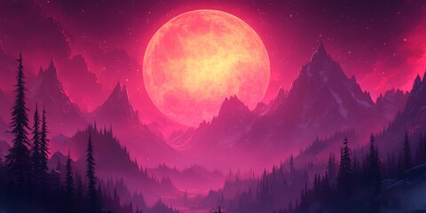 Pink Moon over Majestic Mountains Fantasy Landscape Digital Art Painting Illustration Nature Scene Night Sky Stars view trees image print