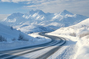 Road in snow-covered mountains, winding through a dense forest under clear blue skies.