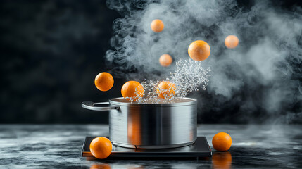 Surreal image of oranges hovering above a pot with steam abstract elements. Perfect for product visuals creative food photography. A culinary concept.