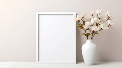 Empty picture white frame mockup on a white wall background. Generate AI image